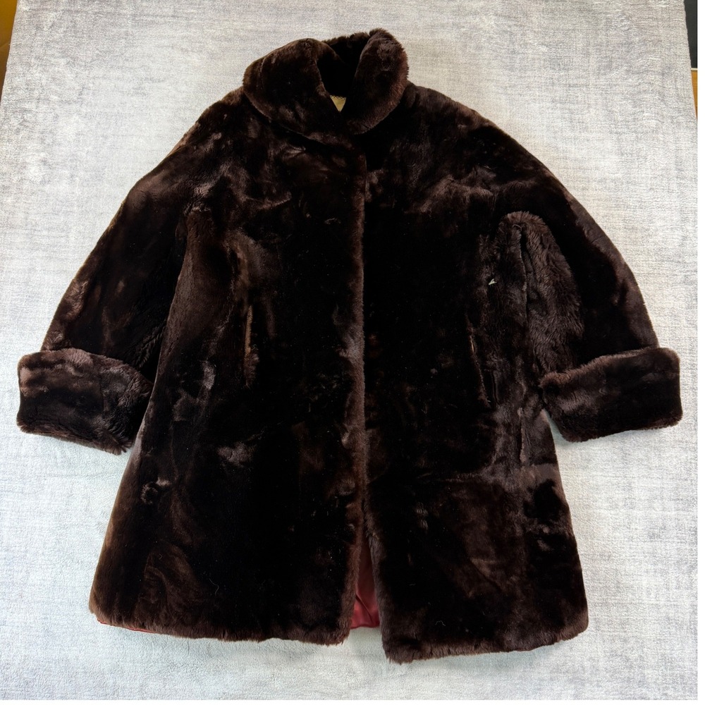 Frank Gross Faux Fur Jacket Womens Large Brown Vintage Mid Century Glam Mob Wife